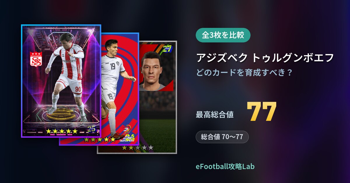 【イーフト】アジズベク トゥルグンボエフの育成カード比較（全3枚）
