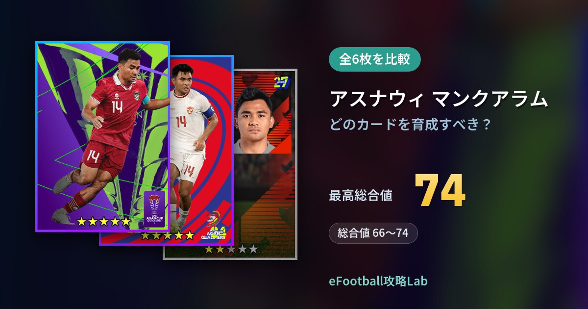 【イーフト】アスナウィ マンクアラムはどのカードを育成すべき？全6枚を比較