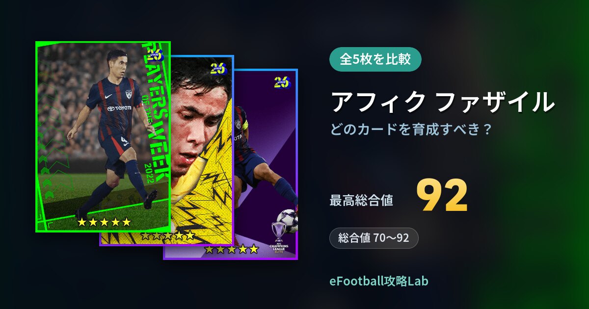 【イーフト】アフィク ファザイルはどのカードを育成すべき？全5枚を比較