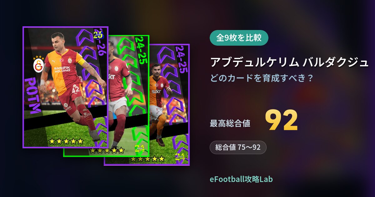 【イーフト】アブデュルケリム バルダクジュの育成カード比較（全9枚）