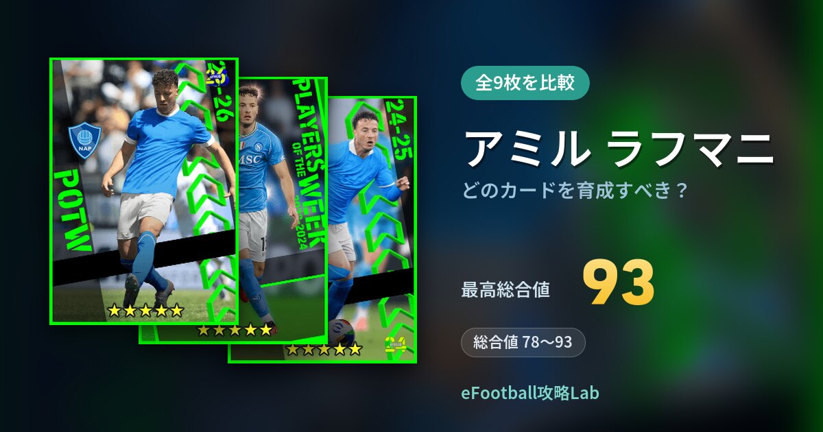 【イーフト】アミル ラフマニはどのカードを育成すべき？全9枚を比較