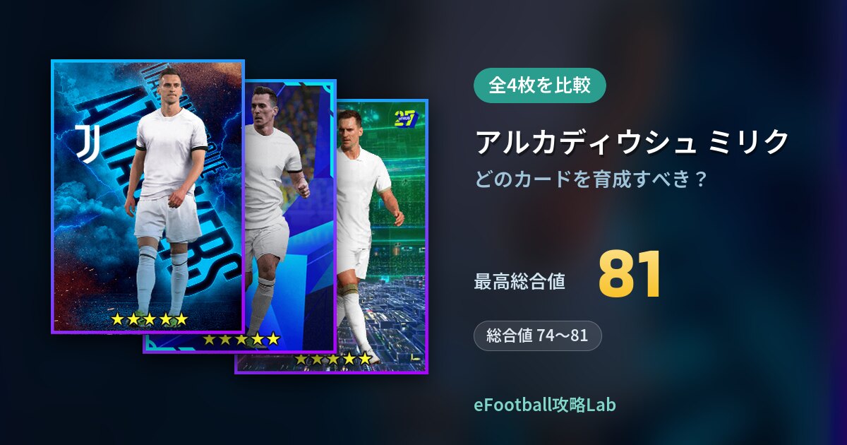 【イーフト】アルカディウシュ ミリクはどのカードを育成すべき？全4枚を比較