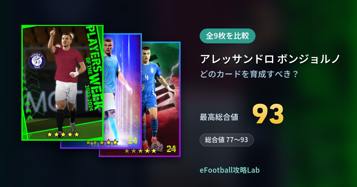【イーフト】アレッサンドロ ボンジョルノの育成カード比較（全9枚）