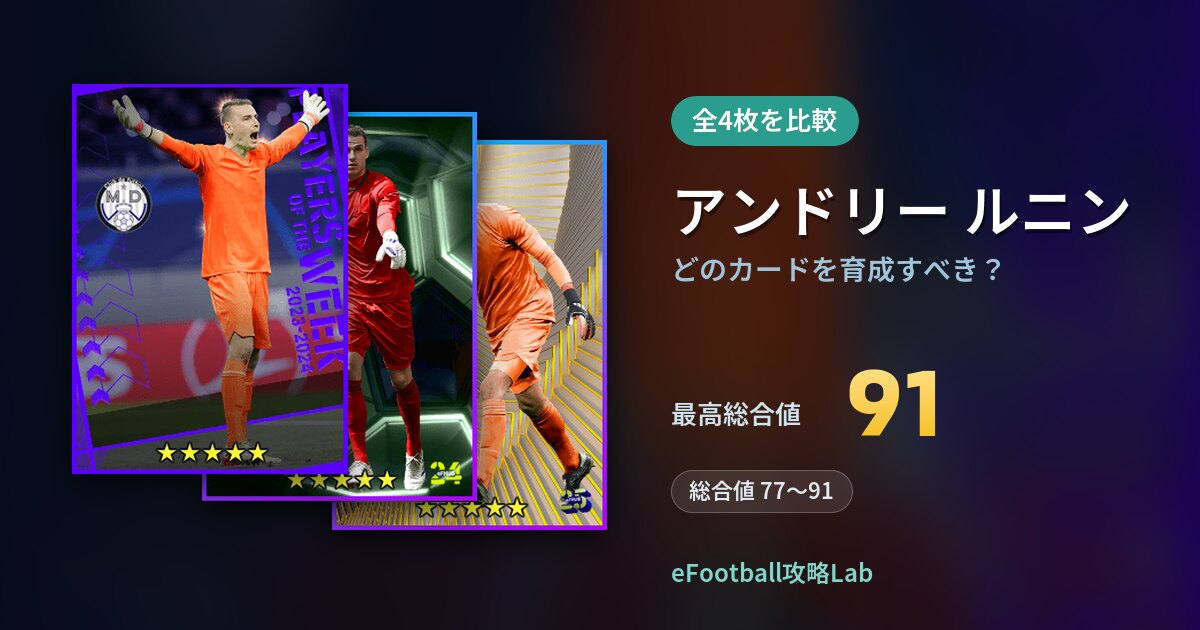 【イーフト】アンドリー ルニンはどのカードを育成すべき？全4枚を比較
