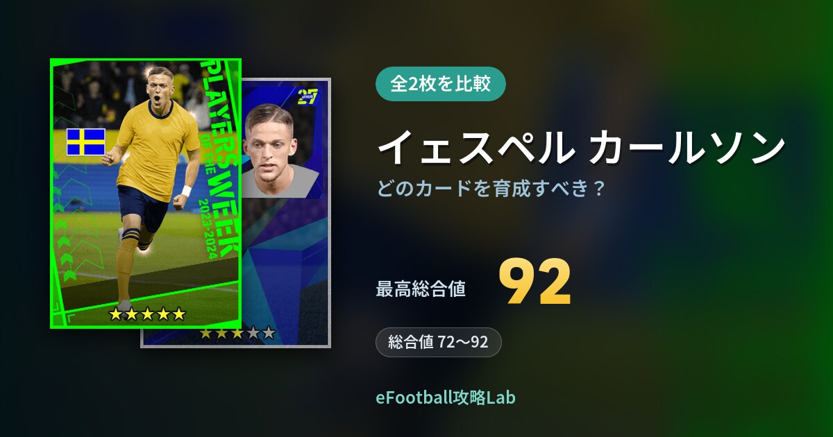 【イーフト】イェスペル カールソンはどのカードを育成すべき？全2枚を比較