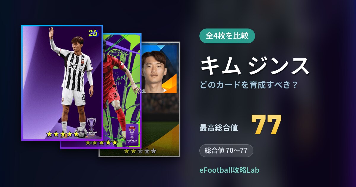 【イーフト】キム ジンスはどのカードを育成すべき？全4枚を比較