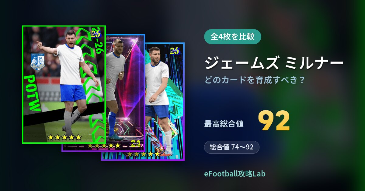 【イーフト】ジェームズ ミルナーはどのカードを育成すべき？全4枚を比較