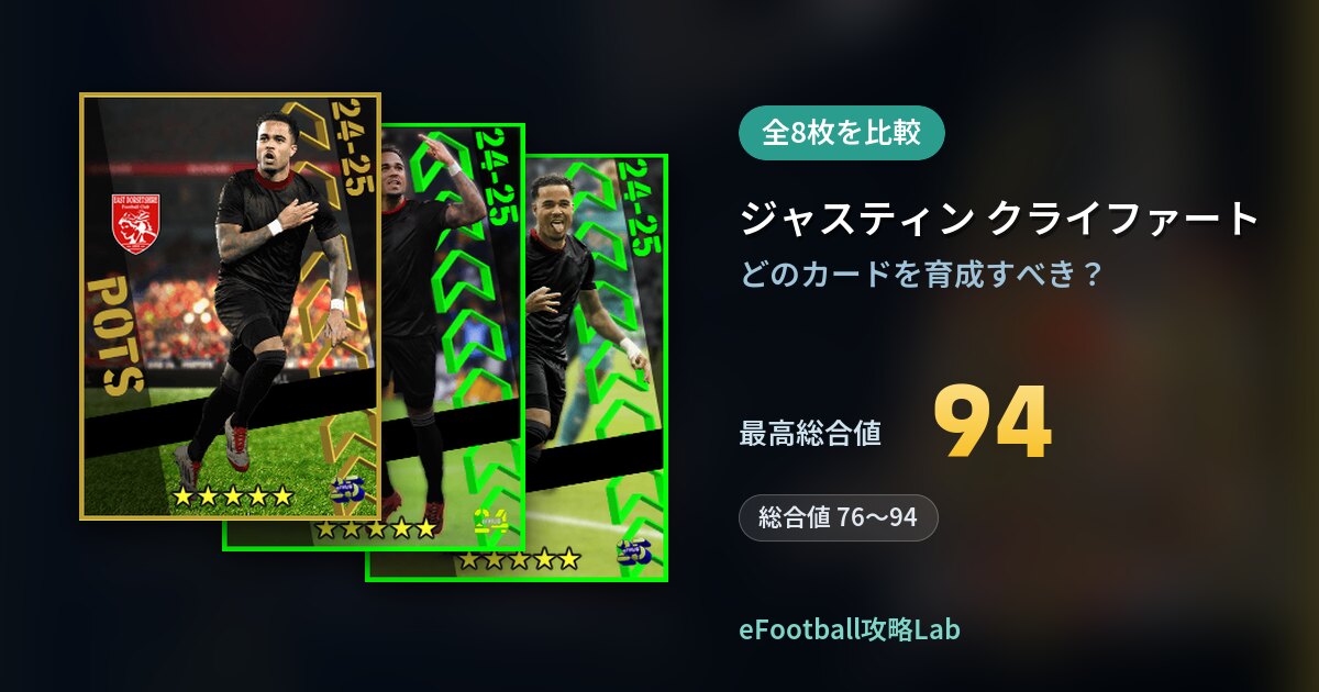 【イーフト】ジャスティン クライファートの育成カード比較（全8枚）