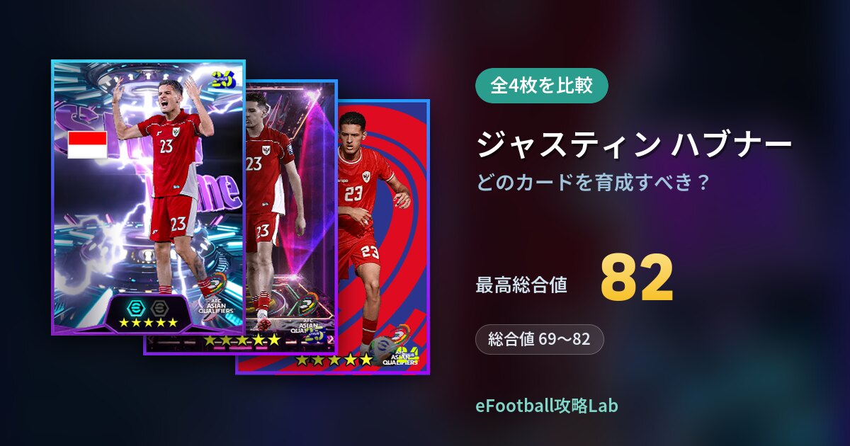 【イーフト】ジャスティン ハブナーはどのカードを育成すべき?全4枚を比較