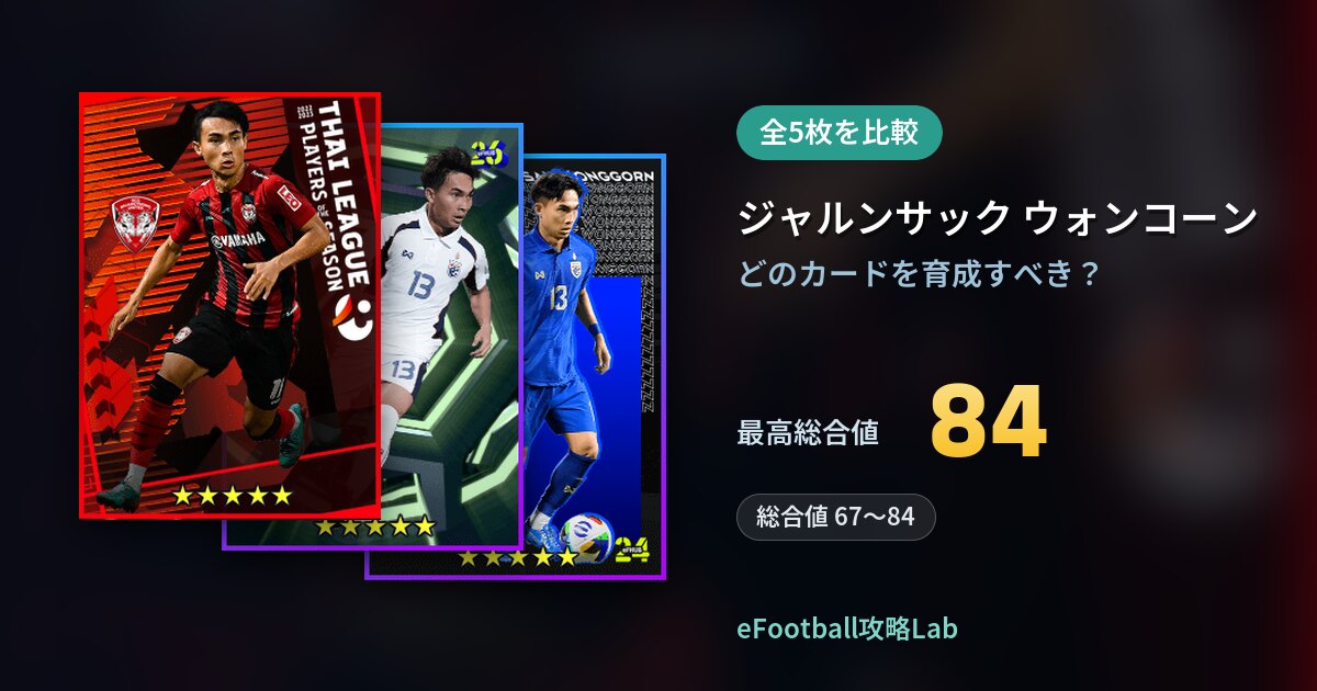 【イーフト】ジャルンサック ウォンコーンの育成カード比較（全5枚）