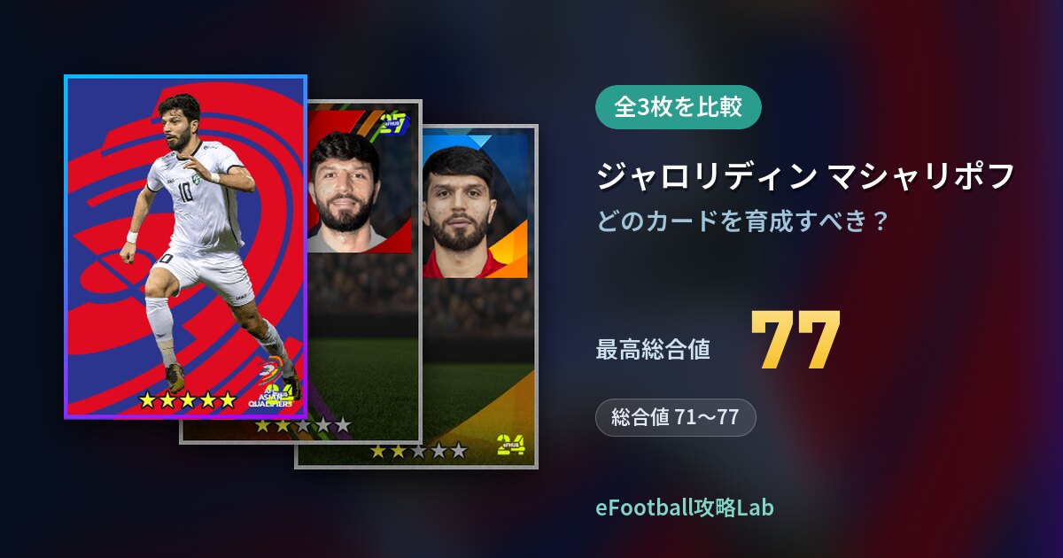 【イーフト】ジャロリディン マシャリポフの育成カード比較（全3枚）