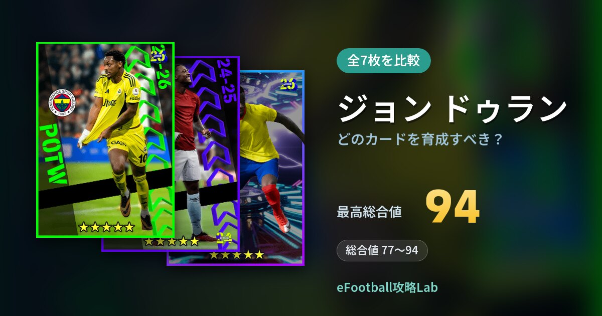 【イーフト】ジョン ドゥランはどのカードを育成すべき？全7枚を比較