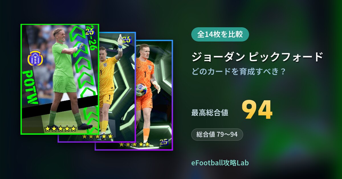 【イーフト】ジョーダン ピックフォードの育成カード比較（全14枚）