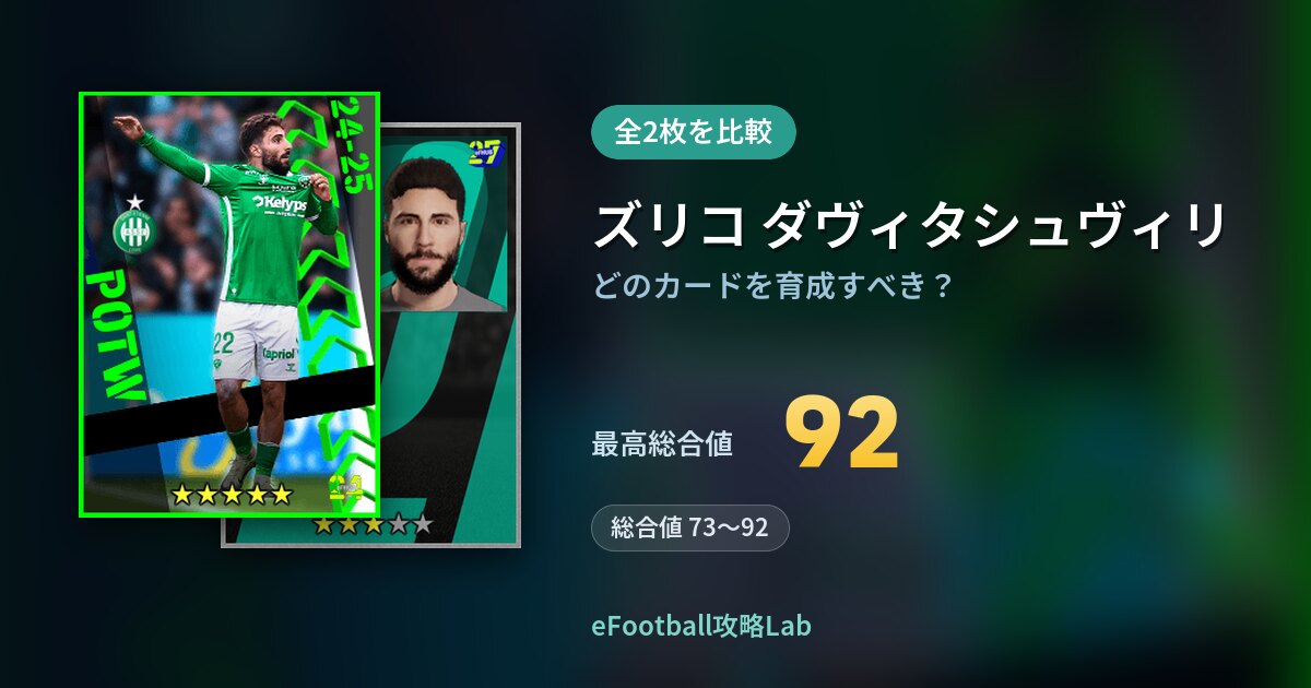 【イーフト】ズリコ ダヴィタシュヴィリの育成カード比較（全2枚）