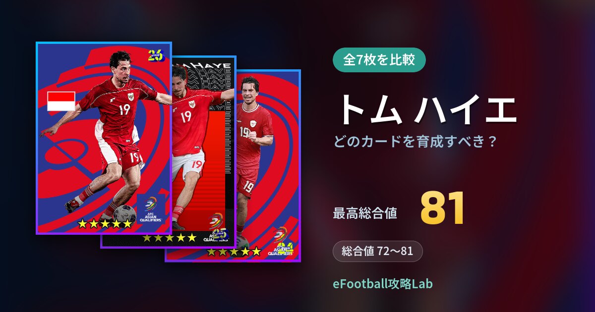 【イーフト】トム ハイエはどのカードを育成すべき?全7枚を比較