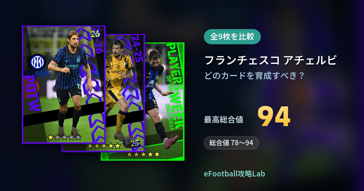 【イーフト】フランチェスコ アチェルビの育成カード比較（全9枚）
