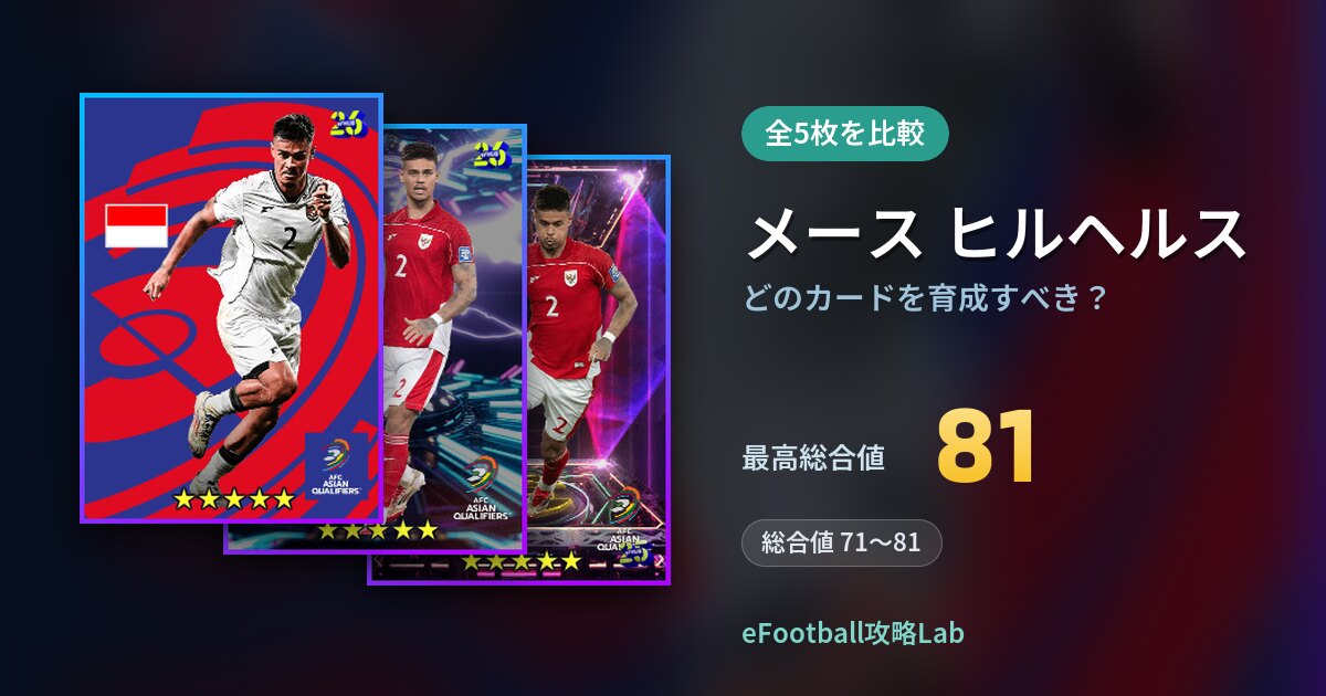 【イーフト】メース ヒルヘルスはどのカードを育成すべき？全5枚を比較