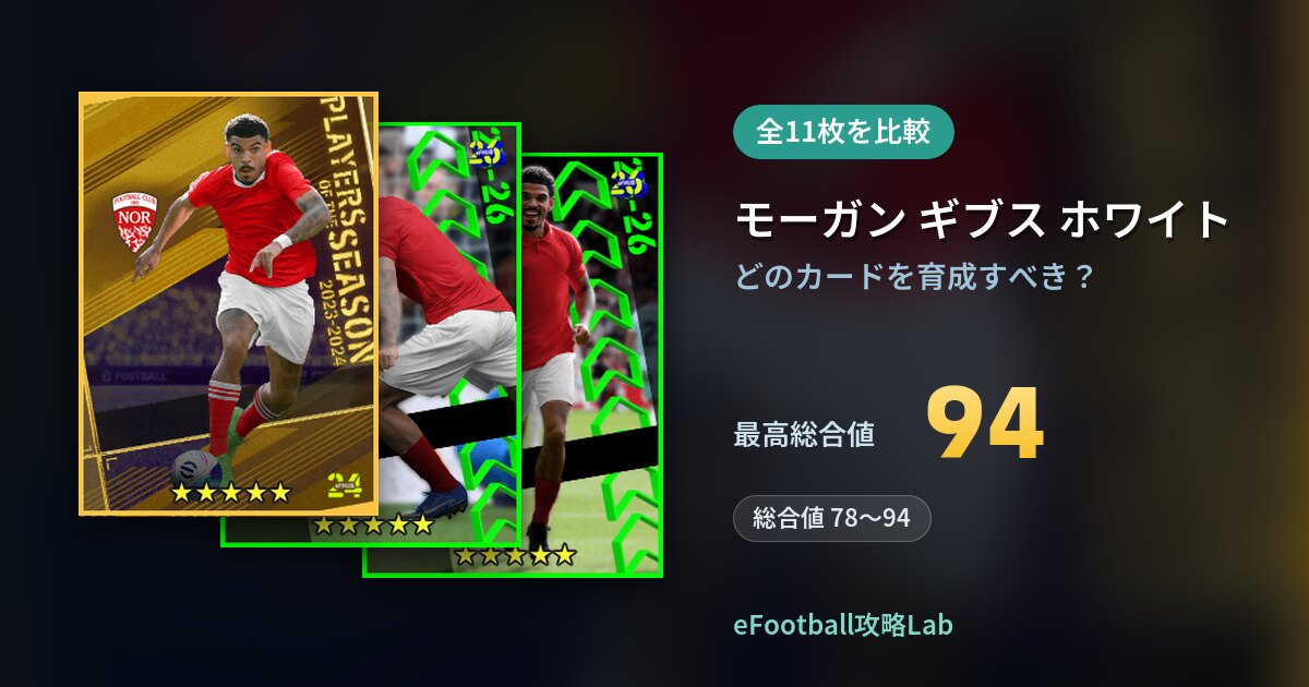 【イーフト】モーガン ギブス ホワイトの育成カード比較（全11枚）