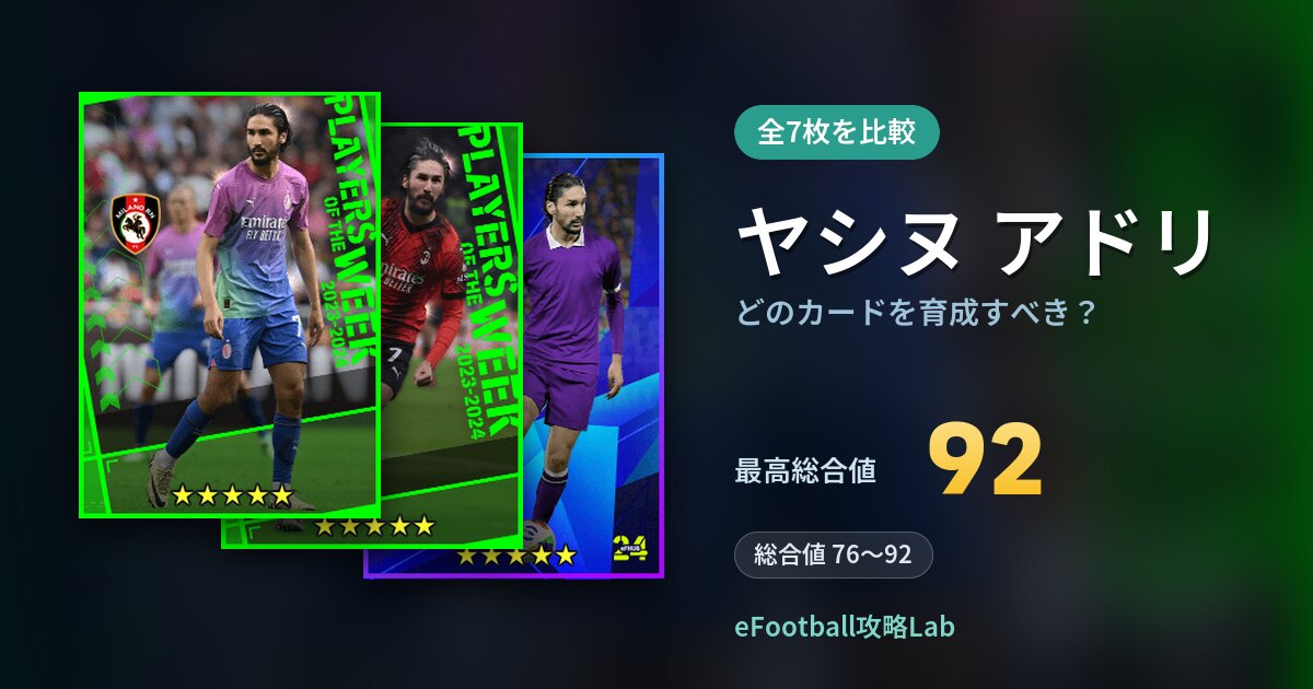 【イーフト】ヤシヌ アドリはどのカードを育成すべき？全7枚を比較
