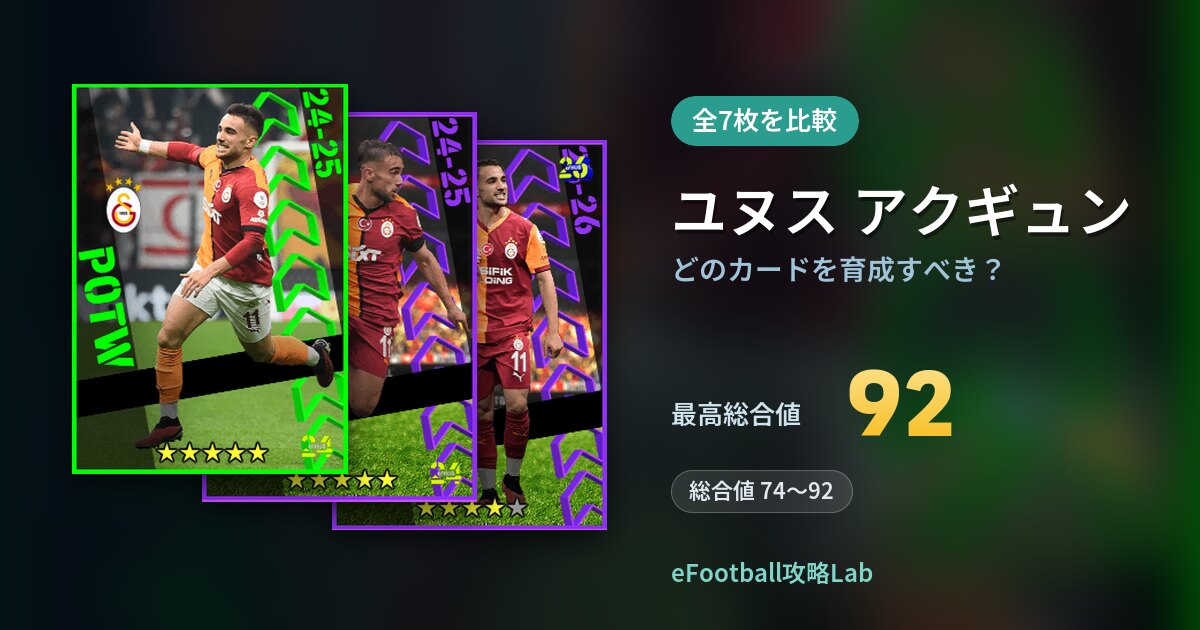 【イーフト】ユヌス アクギュンはどのカードを育成すべき?全7枚を比較