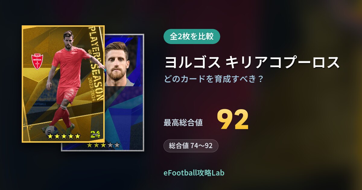 【イーフト】ヨルゴス キリアコプーロスの育成カード比較（全2枚）