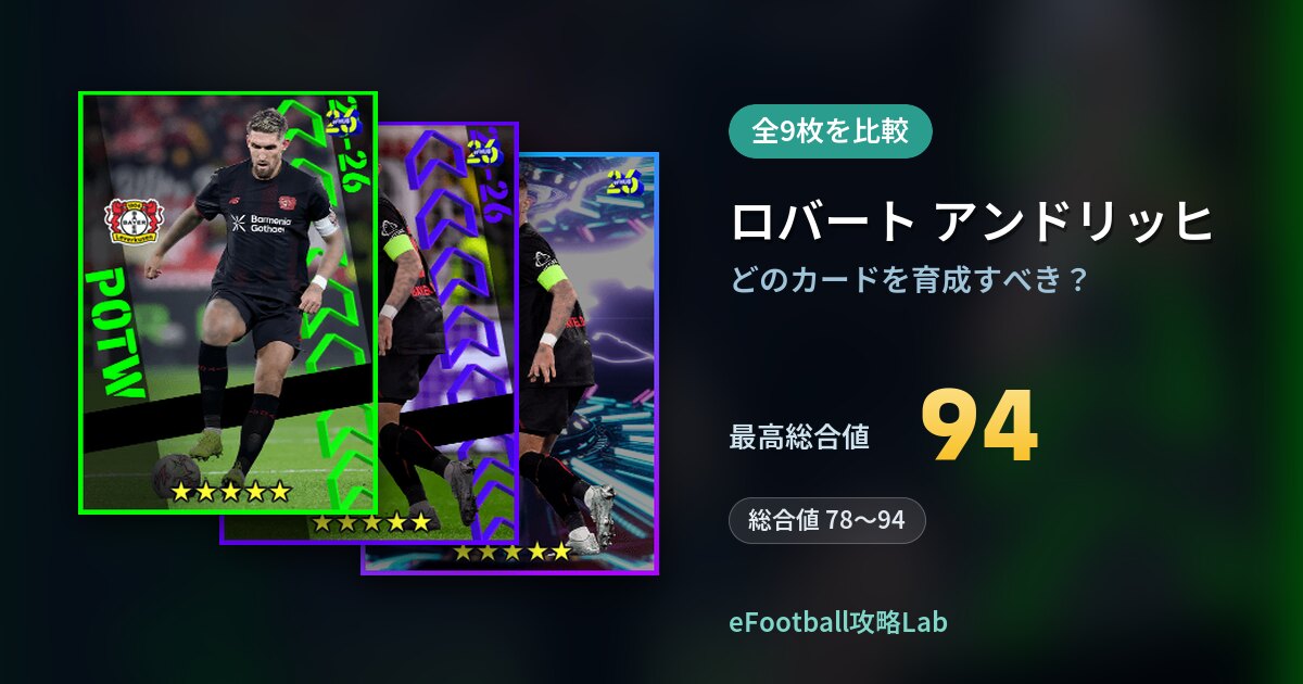 【イーフト】ロバート アンドリッヒはどのカードを育成すべき？全9枚を比較