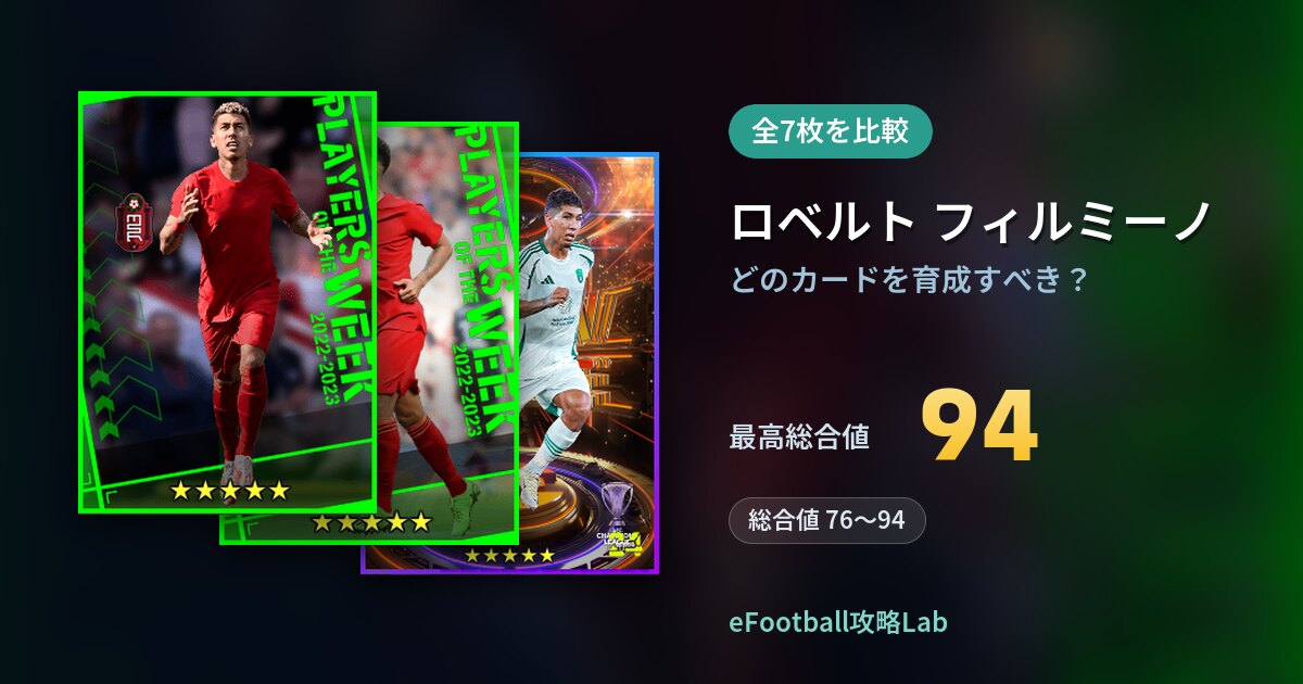 【イーフト】ロベルト フィルミーノはどのカードを育成すべき?全7枚を比較