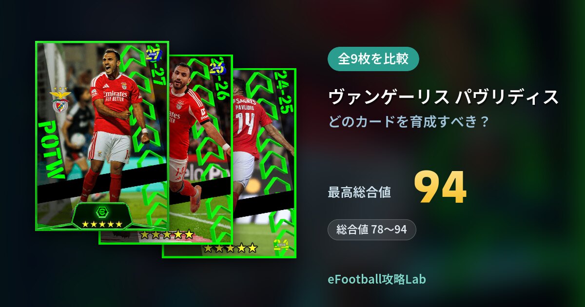 【イーフト】ヴァンゲーリス パヴリディスの育成カード比較（全9枚）