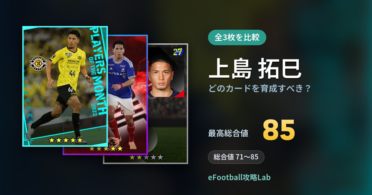 【イーフト】上島 拓巳はどのカードを育成すべき？全3枚を比較