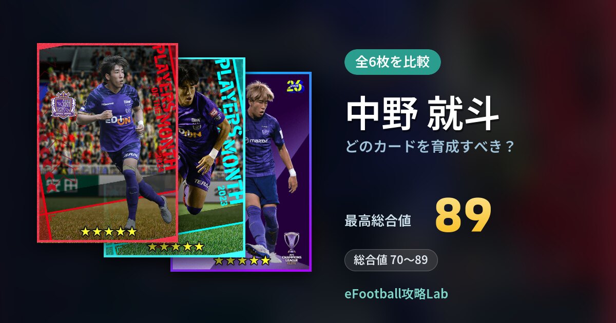 【イーフト】中野 就斗はどのカードを育成すべき？全6枚を比較