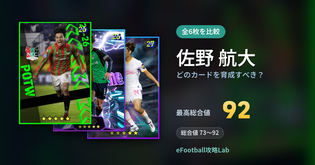【イーフト】佐野 航大はどのカードを育成すべき？全6枚を比較
