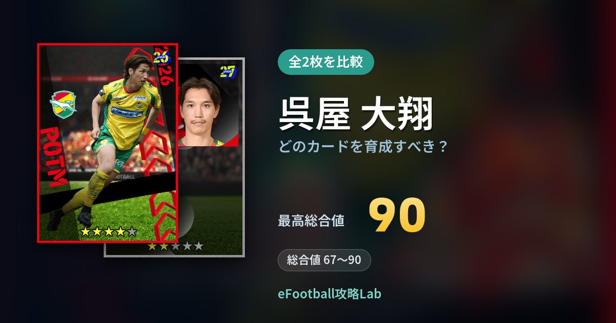 【イーフト】呉屋 大翔はどのカードを育成すべき？全2枚を比較