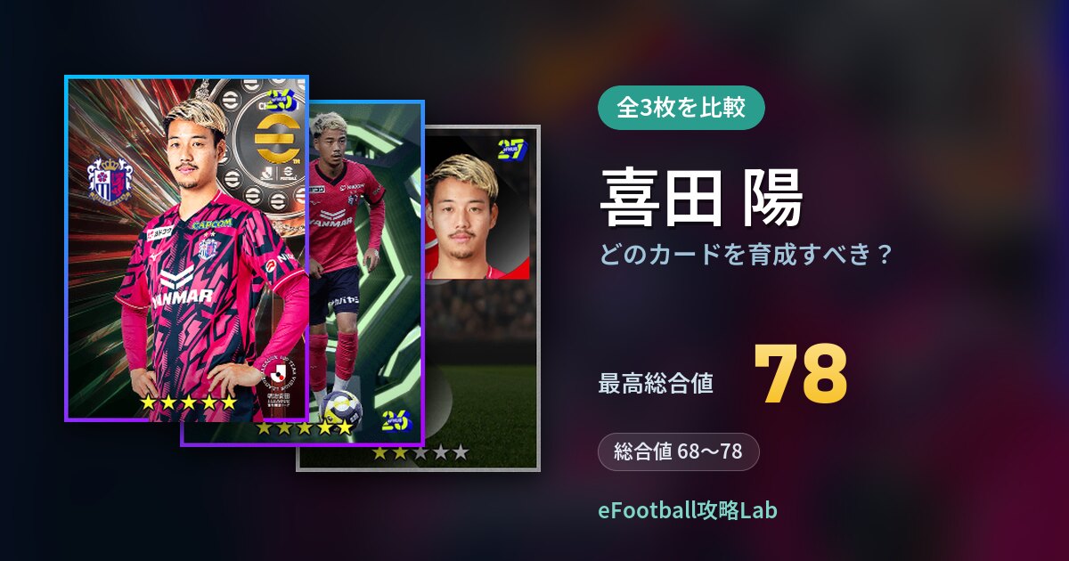 【イーフト】喜田 陽はどのカードを育成すべき？全3枚を比較