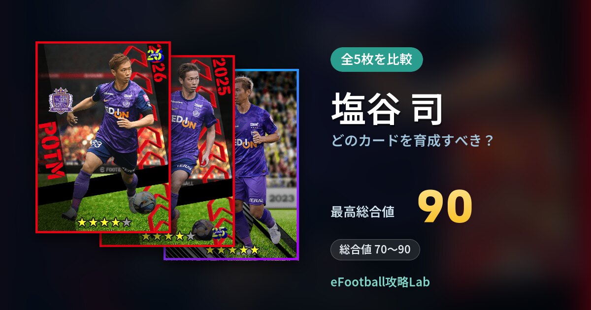 【イーフト】塩谷 司はどのカードを育成すべき？全5枚を比較