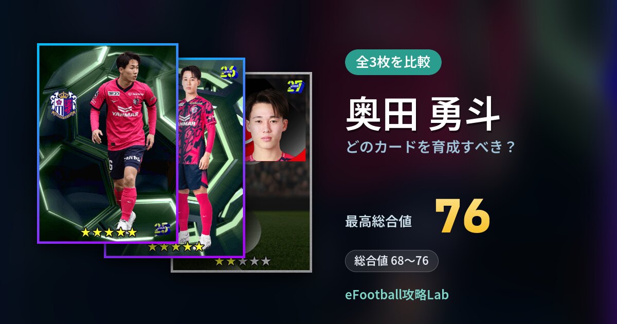 【イーフト】奥田 勇斗はどのカードを育成すべき？全3枚を比較