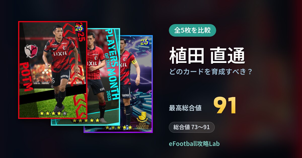 【イーフト】植田 直通はどのカードを育成すべき?全5枚を比較