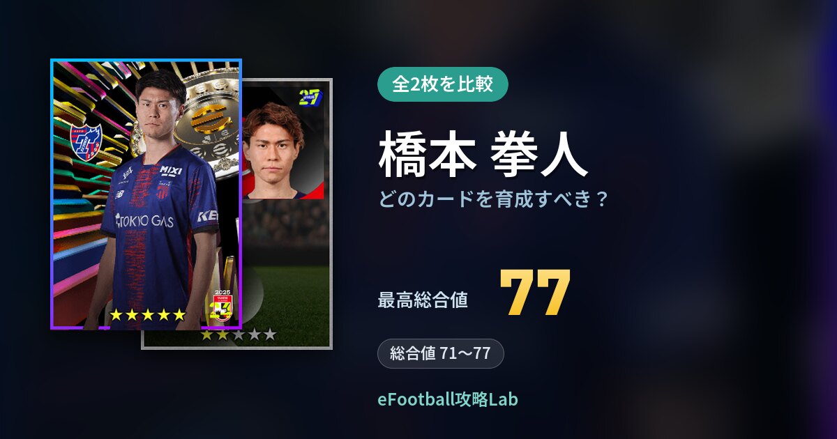 【イーフト】橋本 拳人はどのカードを育成すべき?全2枚を比較