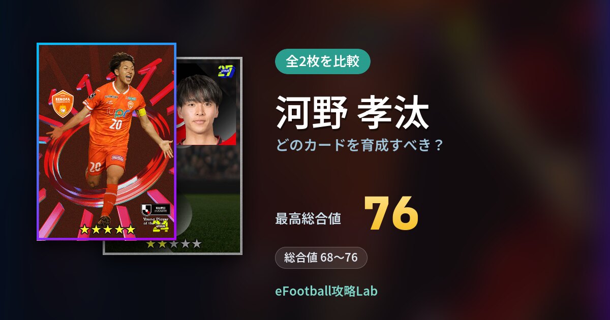 【イーフト】河野 孝汰はどのカードを育成すべき？全2枚を比較
