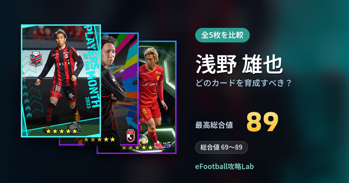 【イーフト】浅野 雄也はどのカードを育成すべき？全5枚を比較