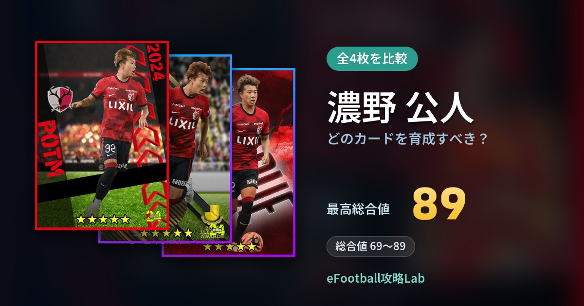 【イーフト】濃野 公人はどのカードを育成すべき？全4枚を比較
