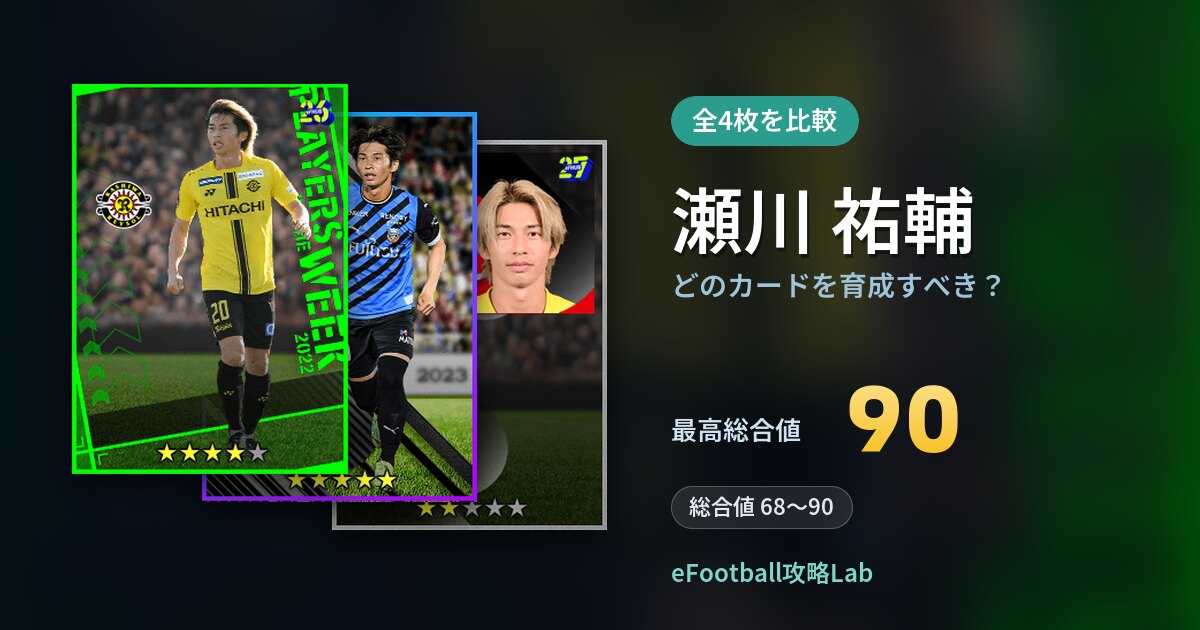 【イーフト】瀬川 祐輔はどのカードを育成すべき？全4枚を比較