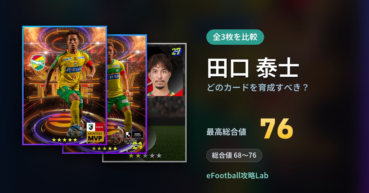 【イーフト】田口 泰士はどのカードを育成すべき？全3枚を比較