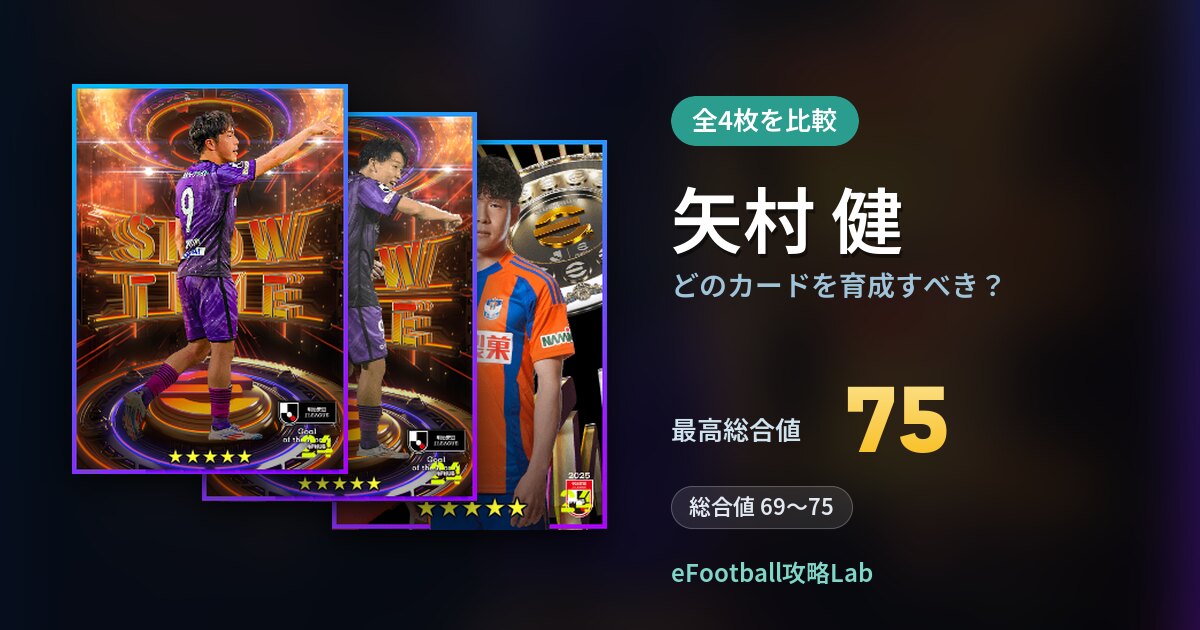 【イーフト】矢村 健はどのカードを育成すべき？全4枚を比較