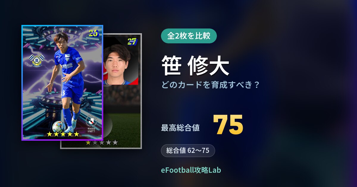 【イーフト】笹 修大はどのカードを育成すべき？全2枚を比較