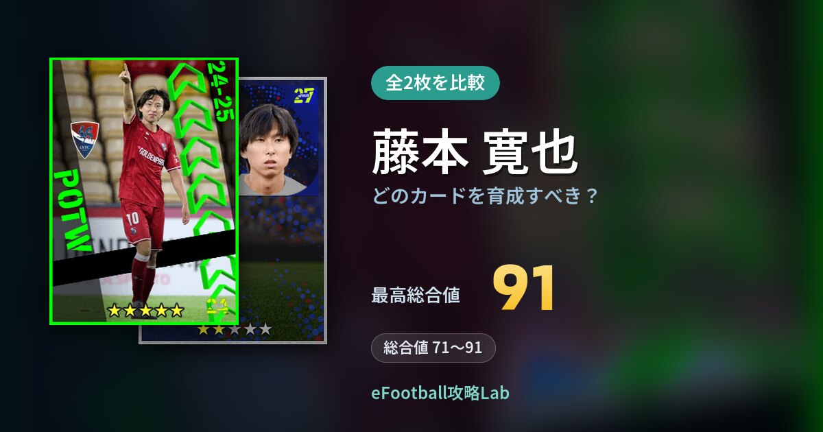 【イーフト】藤本 寛也はどのカードを育成すべき？全2枚を比較