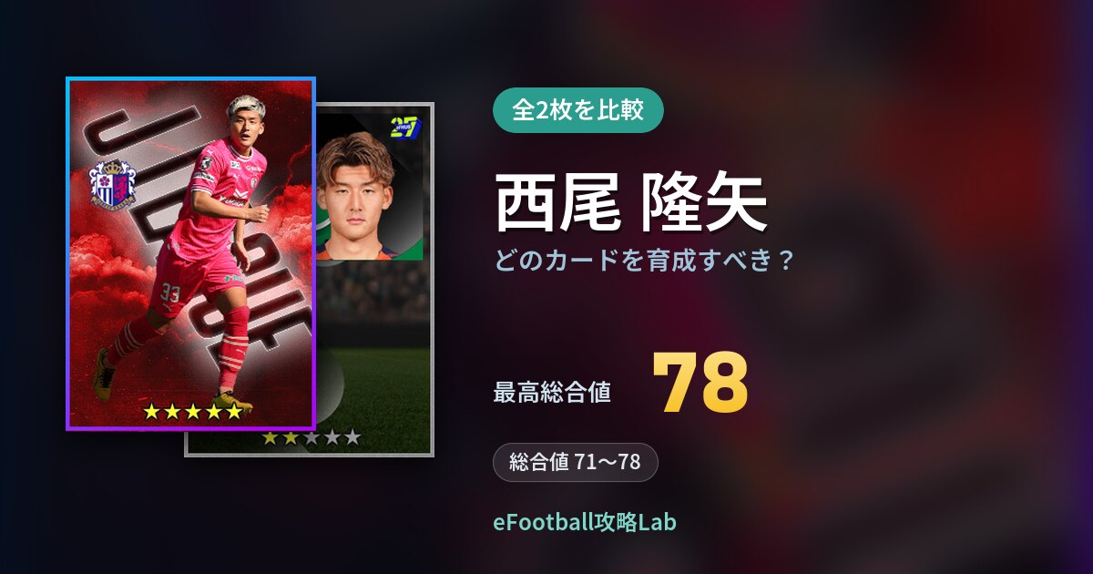 【イーフト】西尾 隆矢はどのカードを育成すべき？全2枚を比較