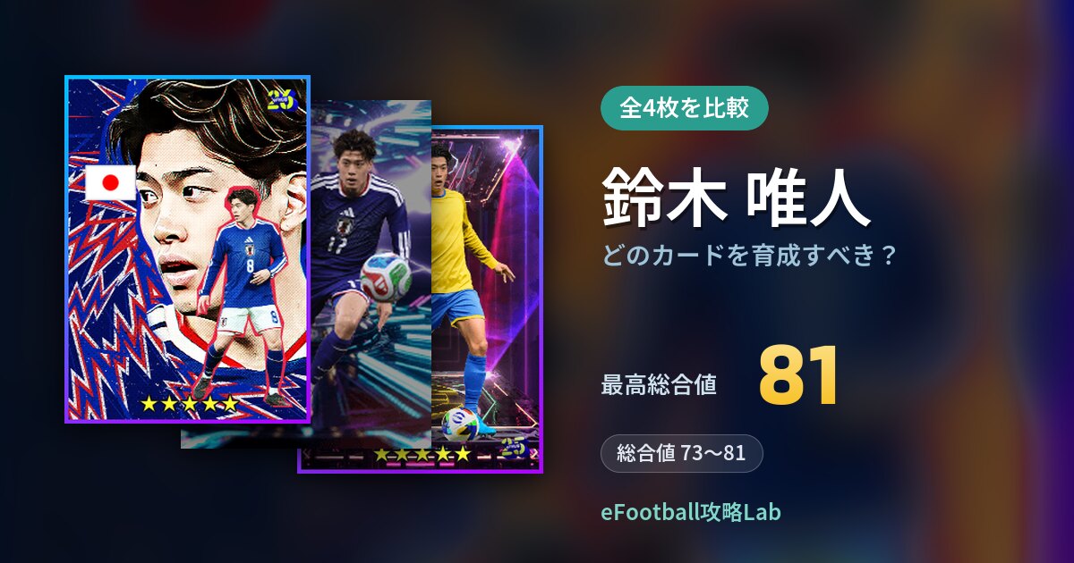【イーフト】鈴木 唯人はどのカードを育成すべき？全4枚を比較