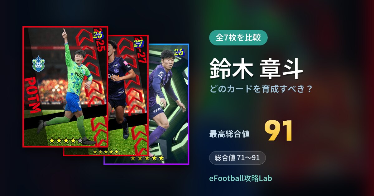 【イーフト】鈴木 章斗はどのカードを育成すべき？全7枚を比較