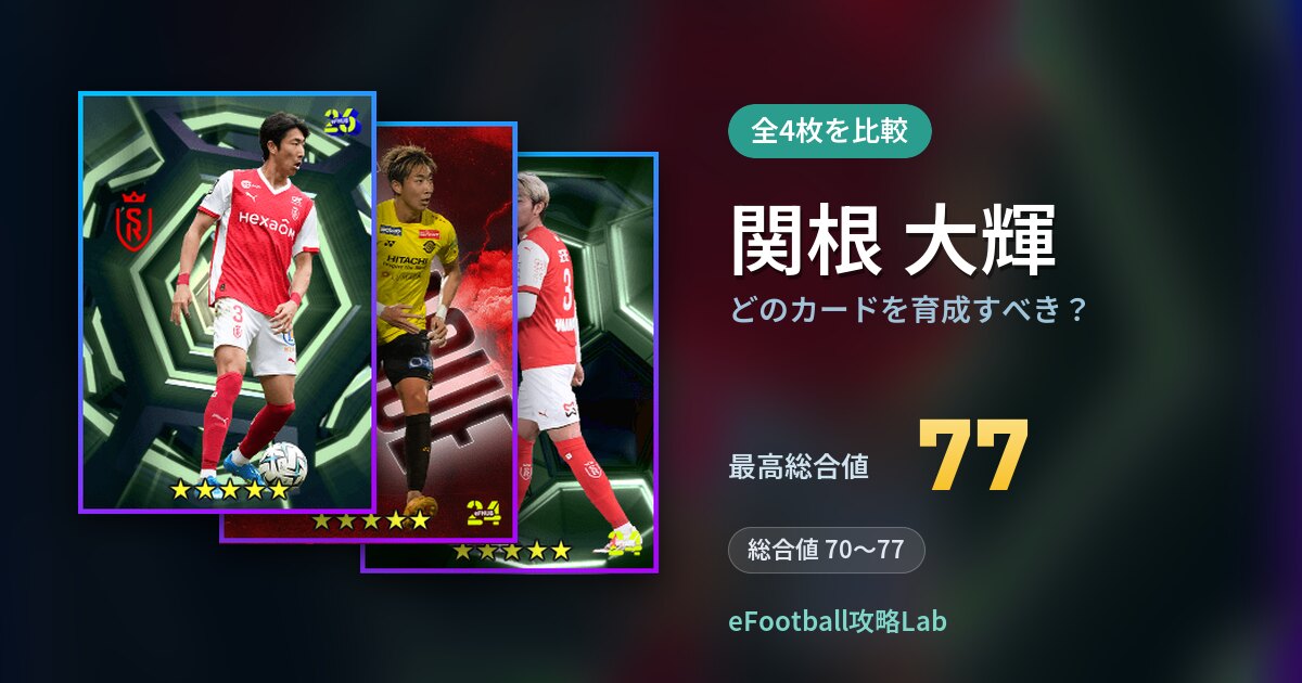 【イーフト】関根 大輝はどのカードを育成すべき?全4枚を比較