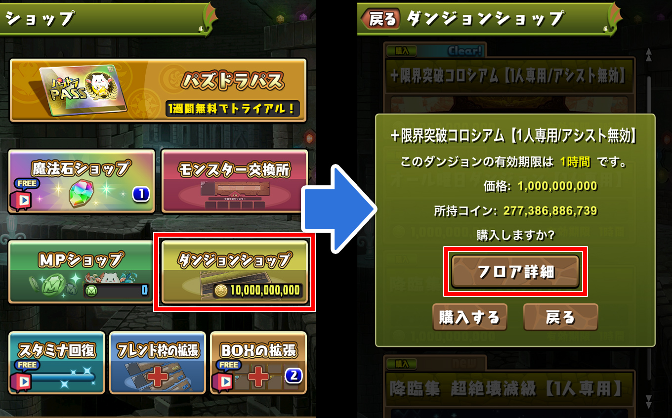 ショップのダンジョンショップの画面